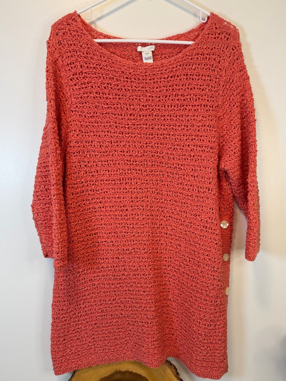J Jill Coral Boat Neck Chunky Open Knit 3/4 Sleeve Tunic Chunky Women’s Large